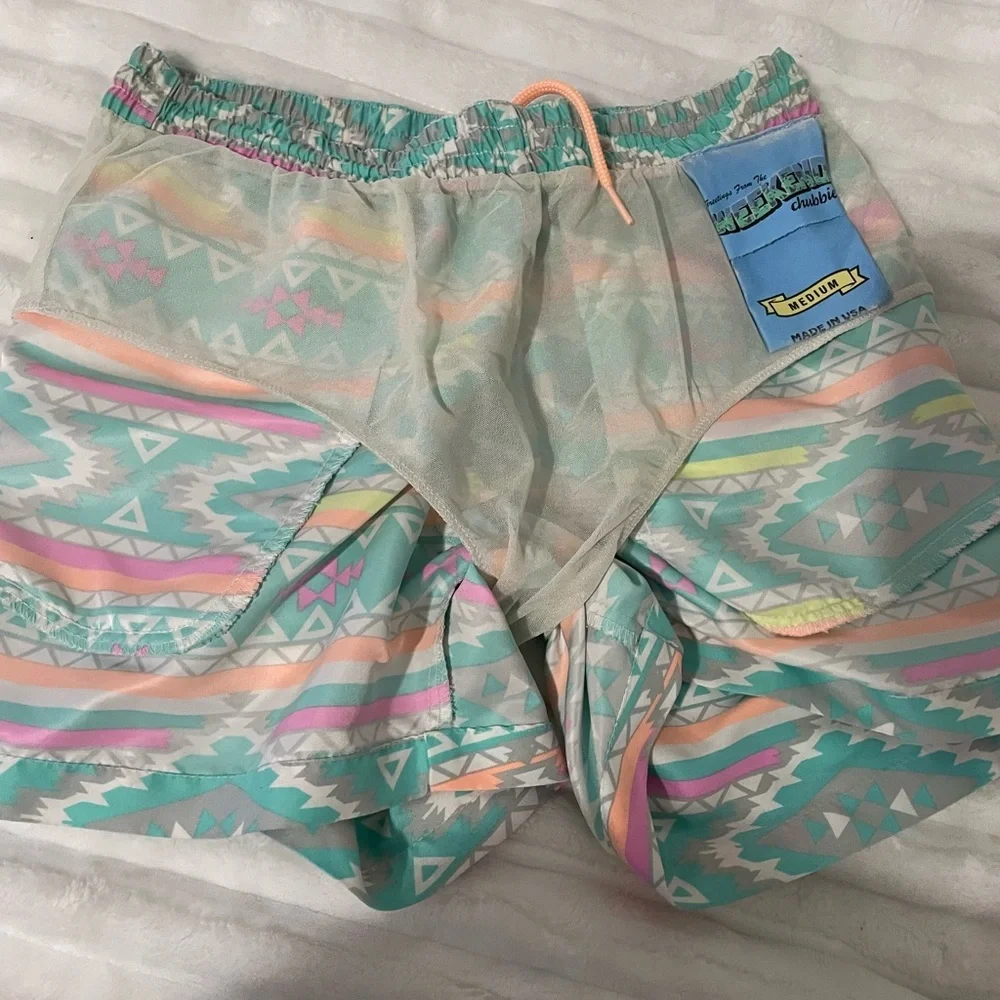 chubbies Turquoise Aztec Swim Trunks with Pink and Yellow Accents